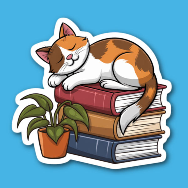 Cat Sleeping On Books With A Houseplant