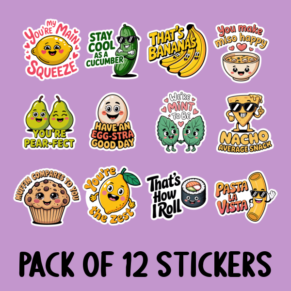 Funny Food Sticker Pack - Includes 12 Stickers