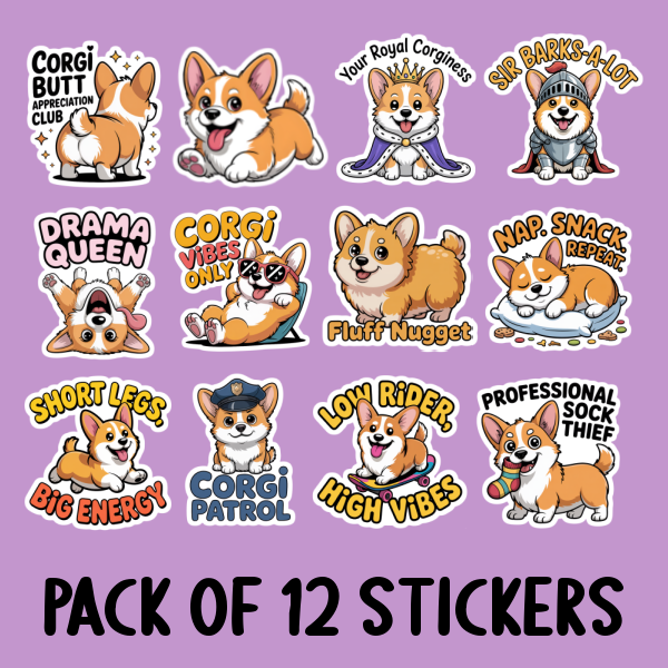 Corgi Sticker Pack - Includes 12 Stickers